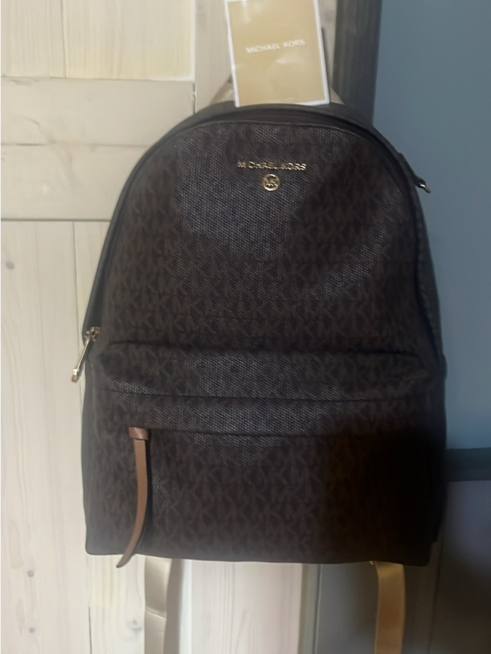 Michael Kors Dark Brown MK Logo Backpack with Tan Trim